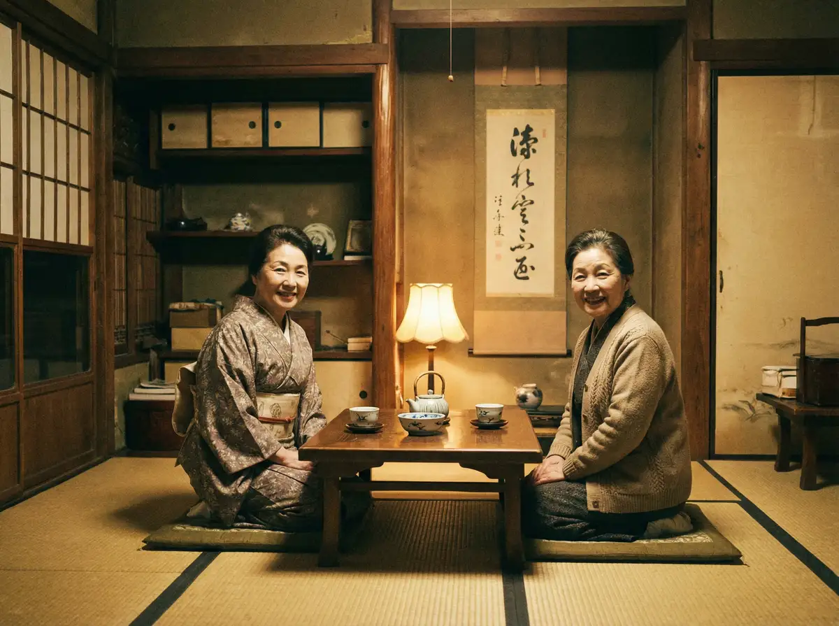 两位优雅的 完美体育平台 在日式茶室中品茶交谈